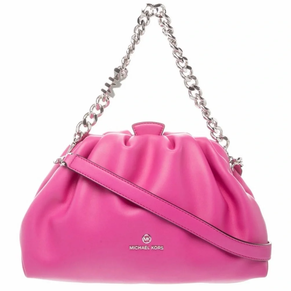 Michael Kors-Nola Small Faux Leather Crossbody Bag In Hot Pink w/Silver Chain
